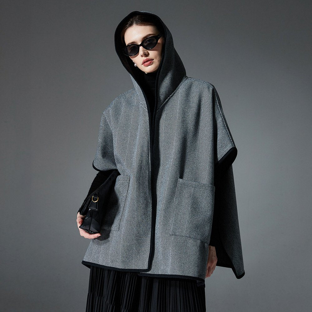 Warm Gray Double-Faced Woolen Hoodie Cloak Shawl