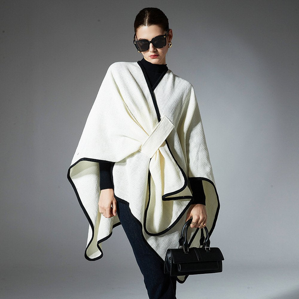 Mid-Length Creamy White Shawl with Buckle Detail