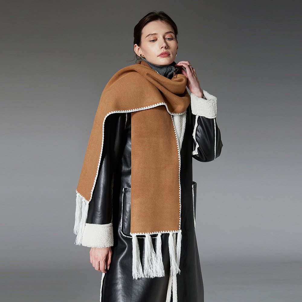 Long Double-Faced Woolen Tassel Scarf for Winter