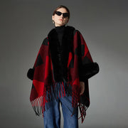 Warm Red Fur Collar Shawl for Women