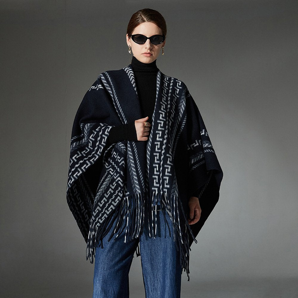 Navy Blue Tassel Jacquard Shawl - Warm & Stylish