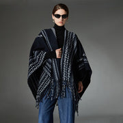 Navy Blue Tassel Jacquard Shawl - Warm & Stylish