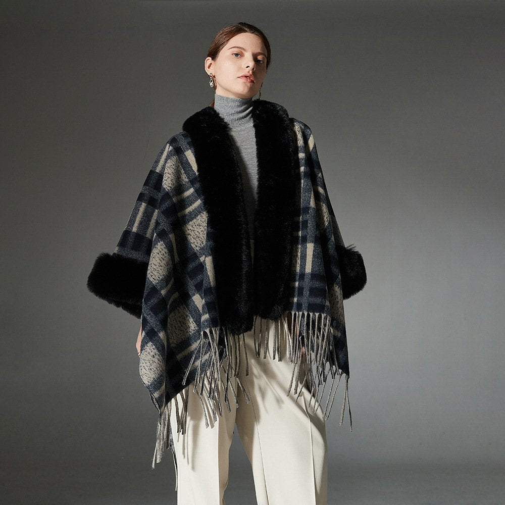 Navy Blue Fur Collar Shawl - Keep Warm This Winter