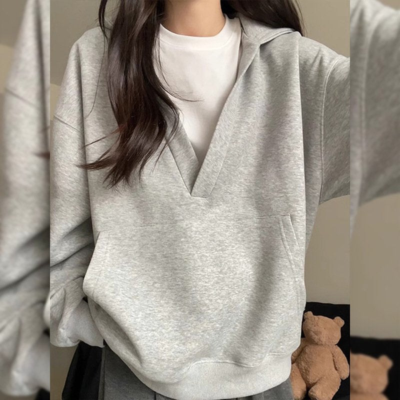 Women's Gray Hooded Sweater - Fleece-Lined Casual Sweatshirt
