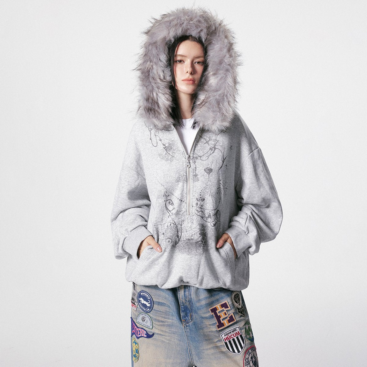 Women's Loose-Fit Cardigan Sweater with Fur Collar