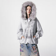 Women's Loose-Fit Cardigan Sweater with Fur Collar