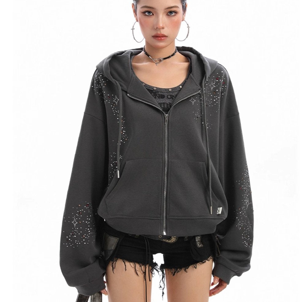 Cozy Starry Gray Hooded Sweater for Women Zipper Cardigan