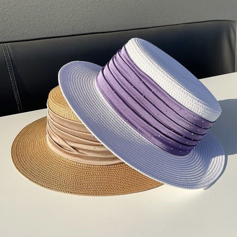Summer Satin Flat Top Hat for Women with Rhinestones & Straw