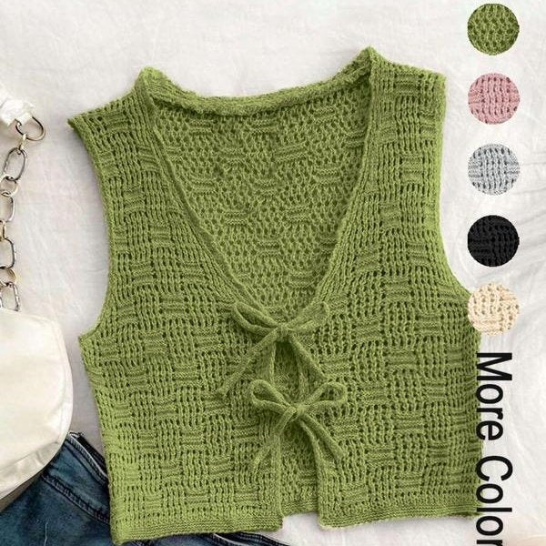 Solid Color Tie Front Sweater Vest for Women - Crochet Casual