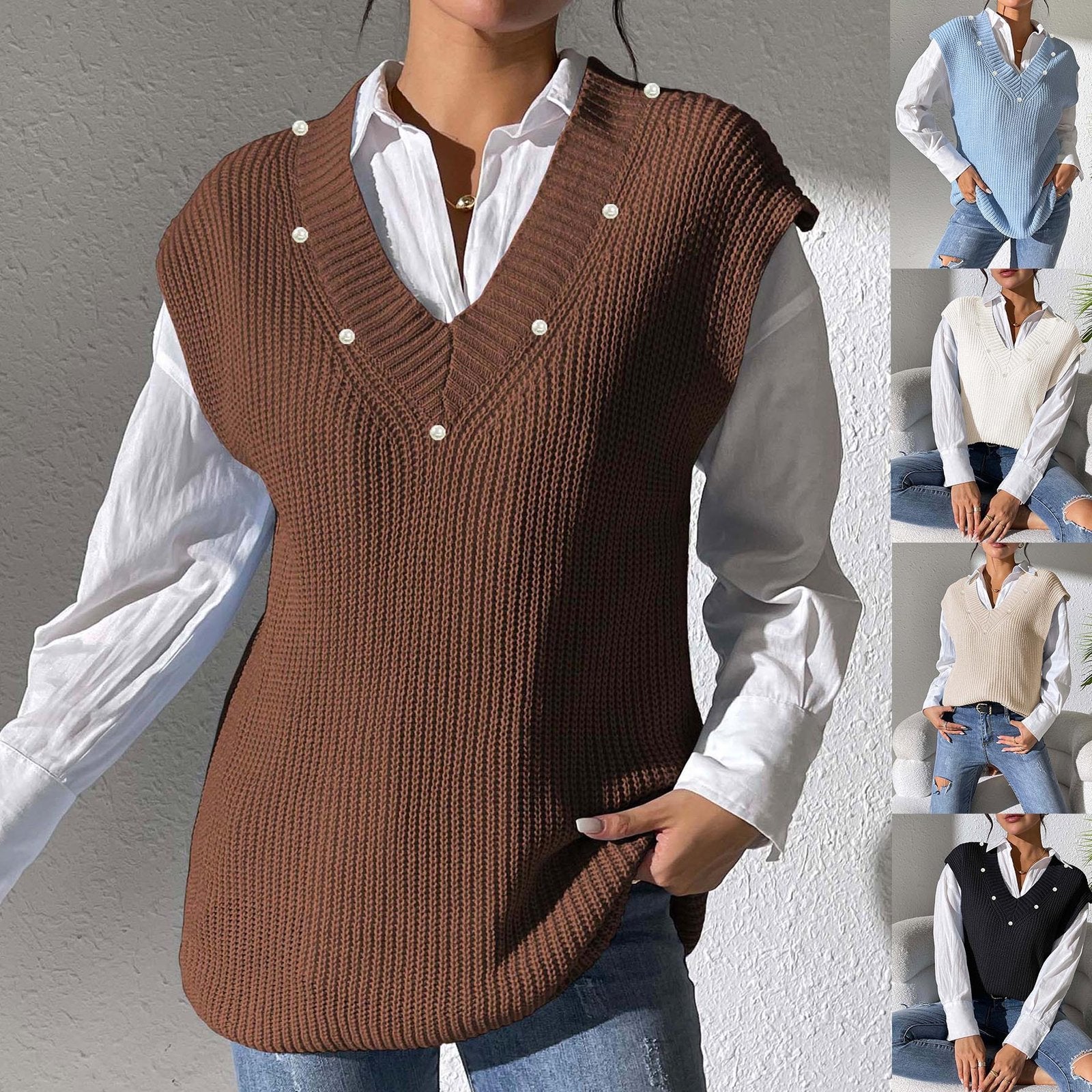 Pearl Beaded Woven Sweater Vest for Women