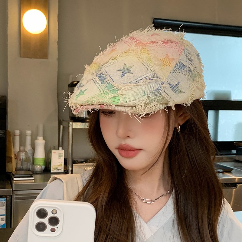 Women's Plaid Beret with Distressed Edging