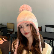 Warm Korean Style Earflap Knit Hat with Fur Ball Trim