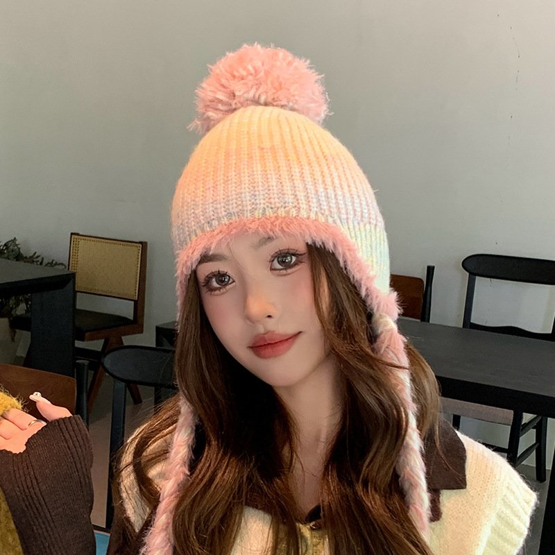Warm Korean Style Earflap Knit Hat with Fur Ball Trim