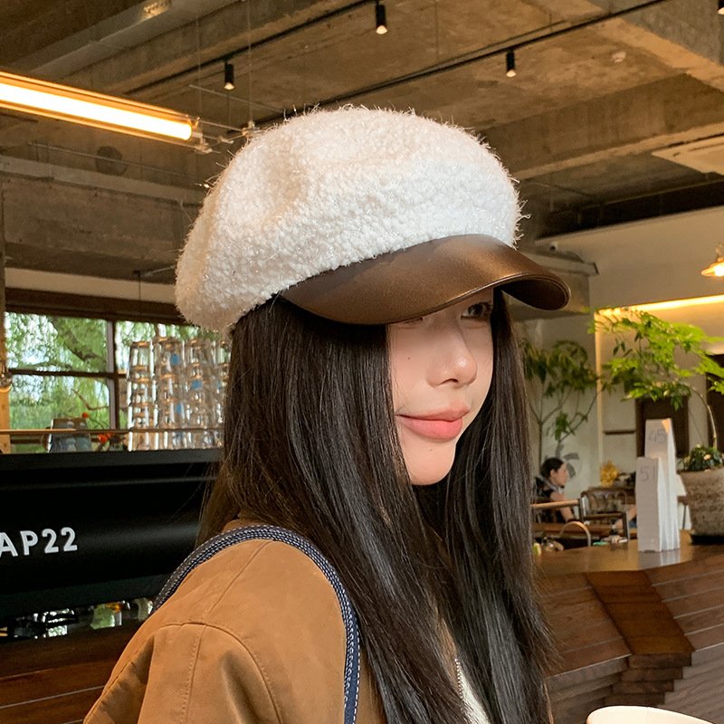 Warm Korean Style PU Leather Brim Beret