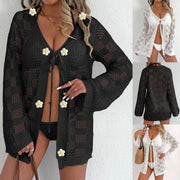 Women's Long-sleeved Woven Blouse with Hollow-out Detail