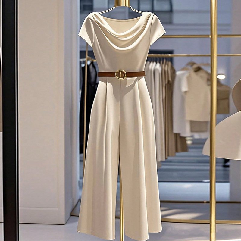 Elegant Satin Jumpsuit for Women - Apricot Color