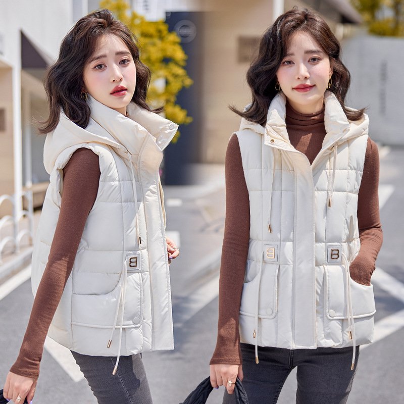 Solid Color Hooded Cotton Waistcoat Vest for Women