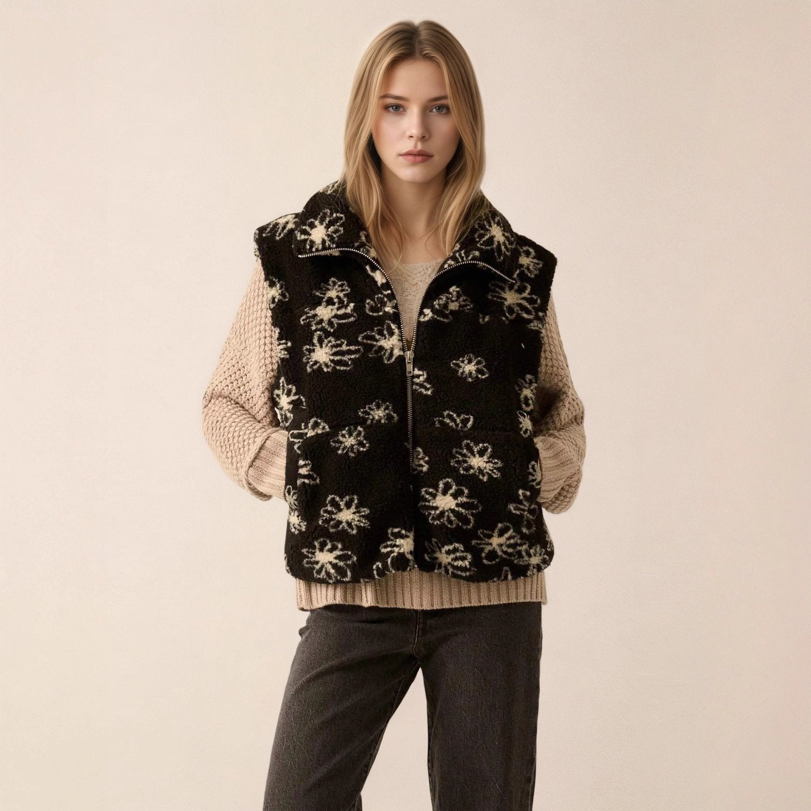 Stay Warm in Style with Black Flower Print Polo Vest