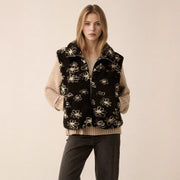 Stay Warm in Style with Black Flower Print Polo Vest