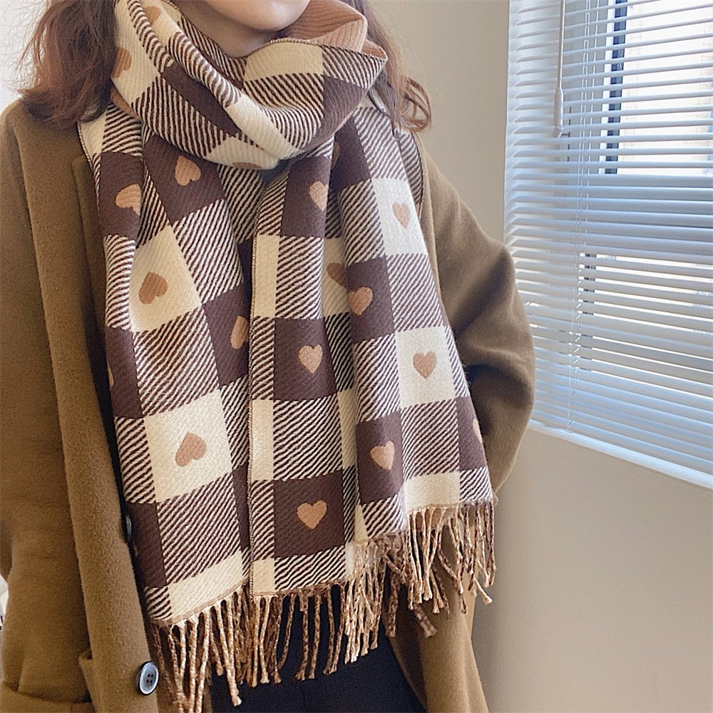 Keep Warm with Thick Check Scarf - Heart Pattern