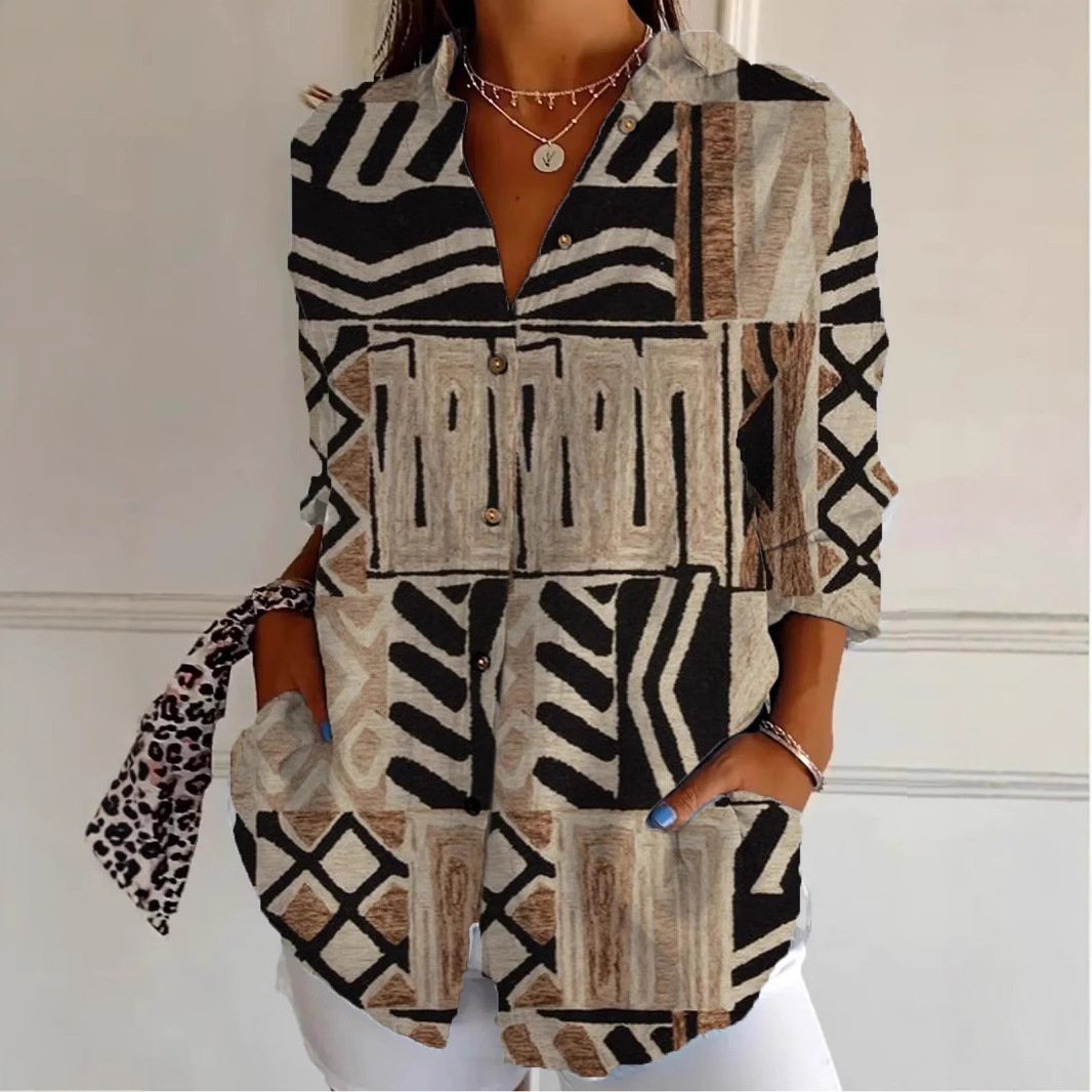 Chic 3D Print Loose Button-Up Long-Sleeve Shirt