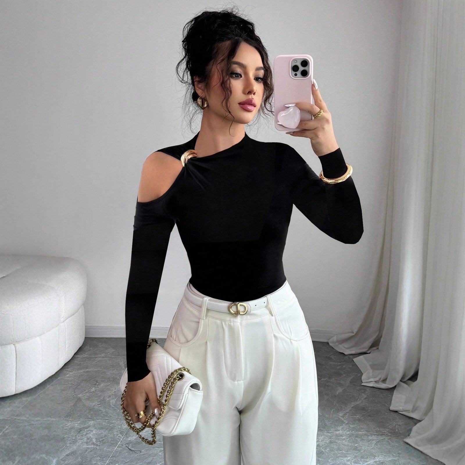 One-Shoulder Metal Trim Slim Top