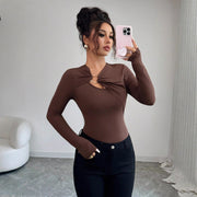 Chic Asymmetric Metal Trim Slim Long-Sleeve Top