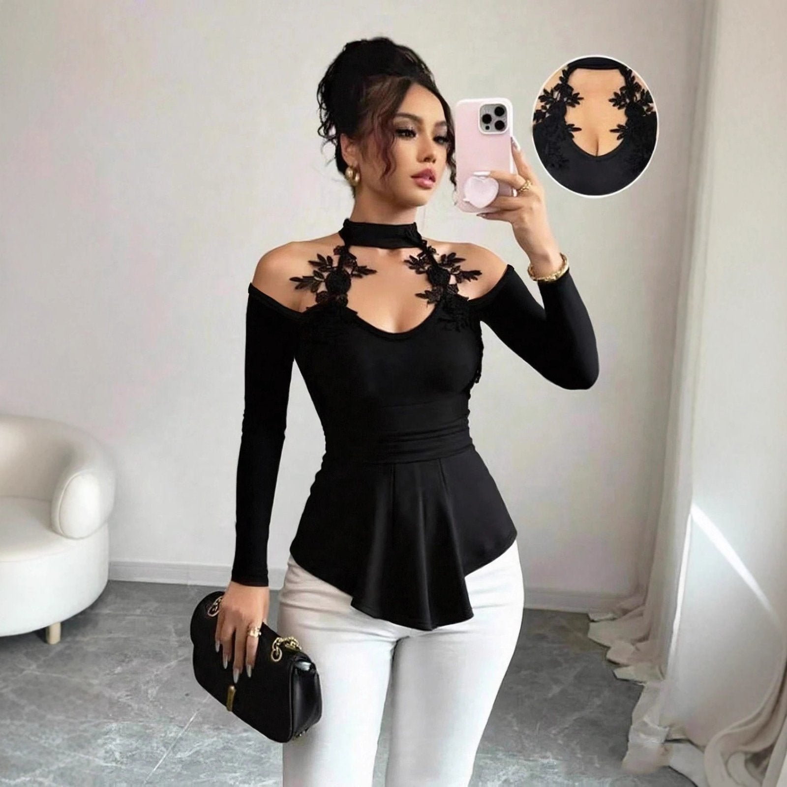 Chic Cold-Shoulder Applique Slim Top