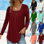 Plus Size Pleated Square Collar Long Sleeve Cotton Tee