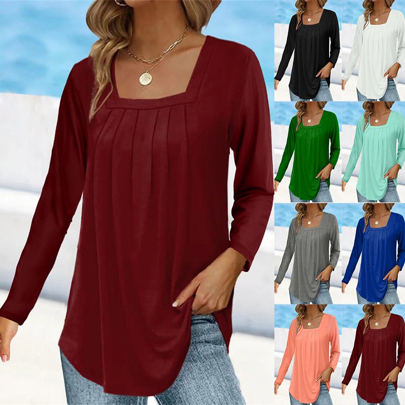 Plus Size Pleated Square Collar Long Sleeve Cotton Tee