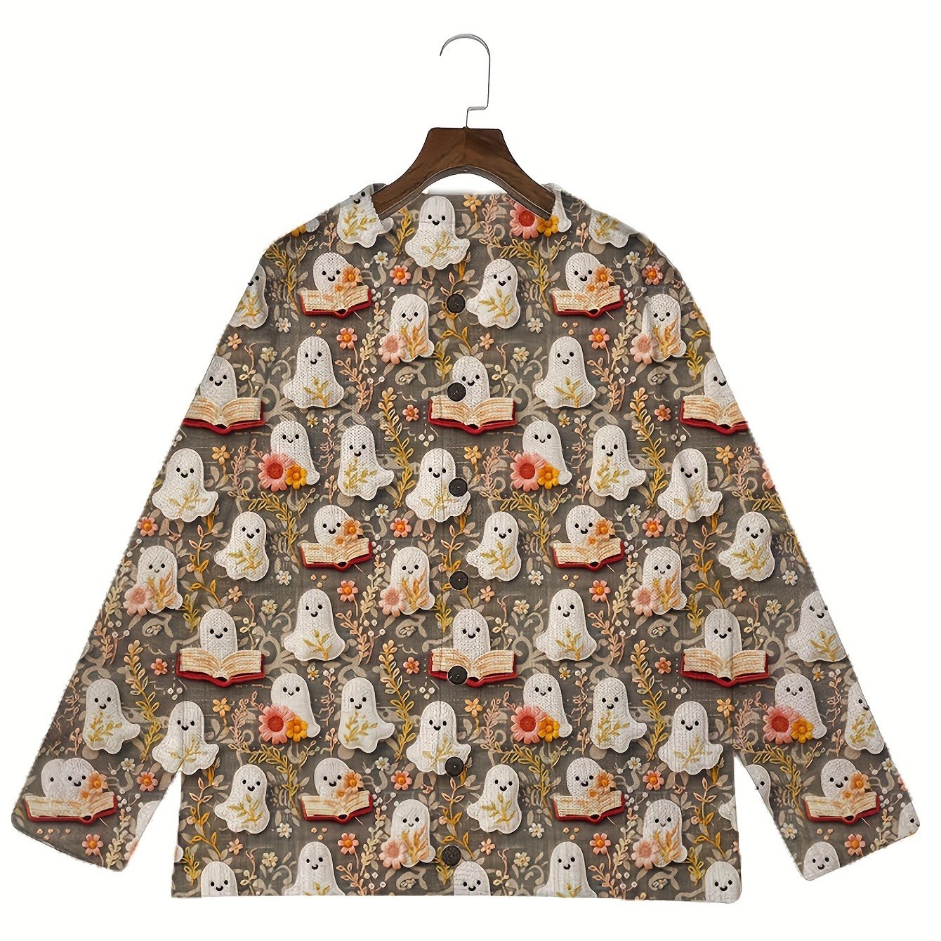 Sheer Printed Long-Sleeve Button-Up Sweater