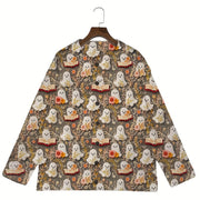 Sheer Printed Long-Sleeve Button-Up Sweater