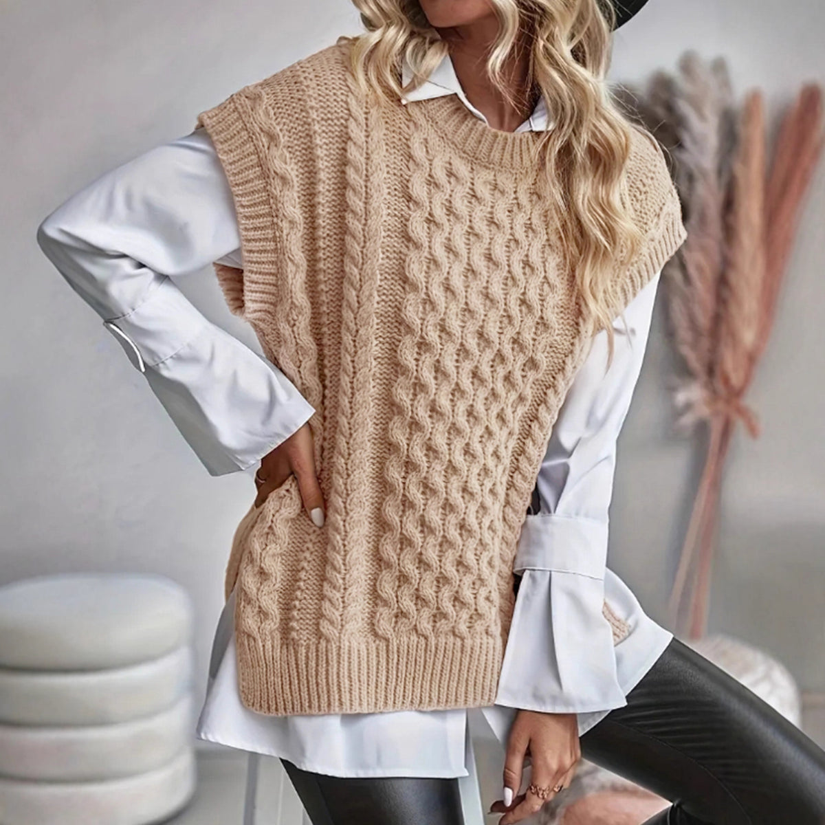 Womens Knitted Vest with Twist and Cable Details