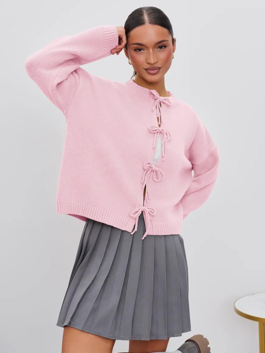 European and American European and American Leisure Loose Cardigan Lace-up Solid Color Knitted Sweater for Women