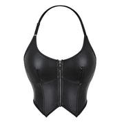 Leather Halter Zipper Body Shaper Top for Women