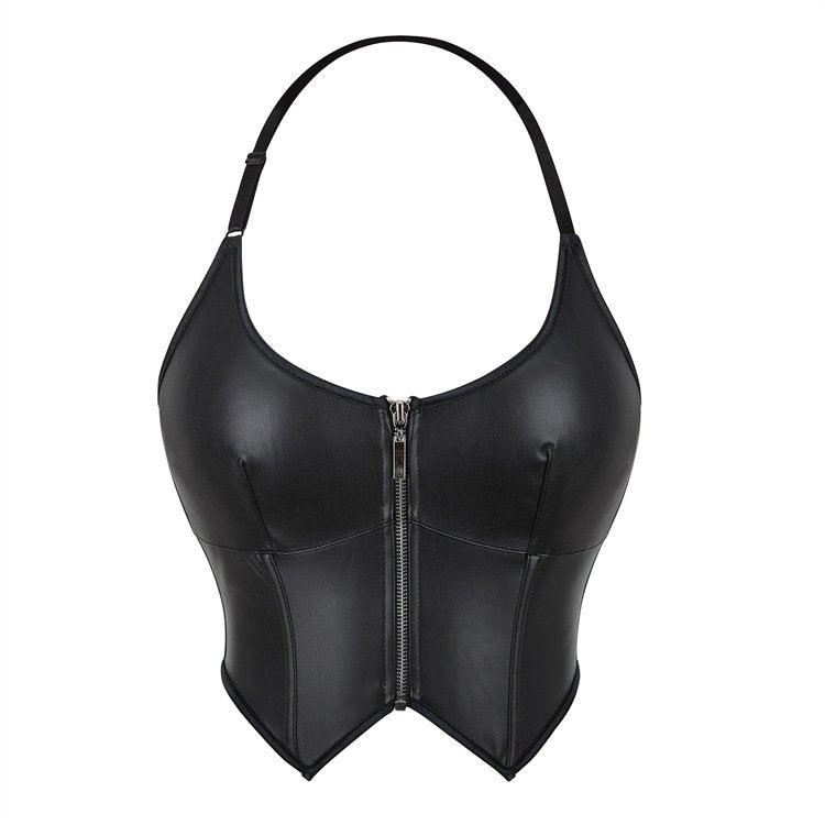 Leather Halter Zipper Body Shaper Top for Women