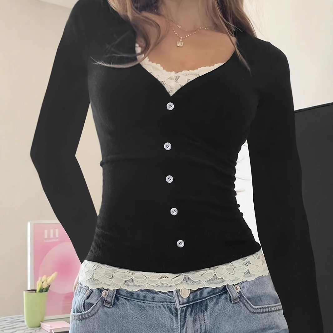 Chic False Two-Piece Lace Stitching Long-Sleeve Top