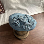 Dark Blue Beret with Rose Embroidery - Women's Autumn Hat