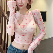 Dopamine Floral Mesh Long Sleeve Top for Trendy Streetwear