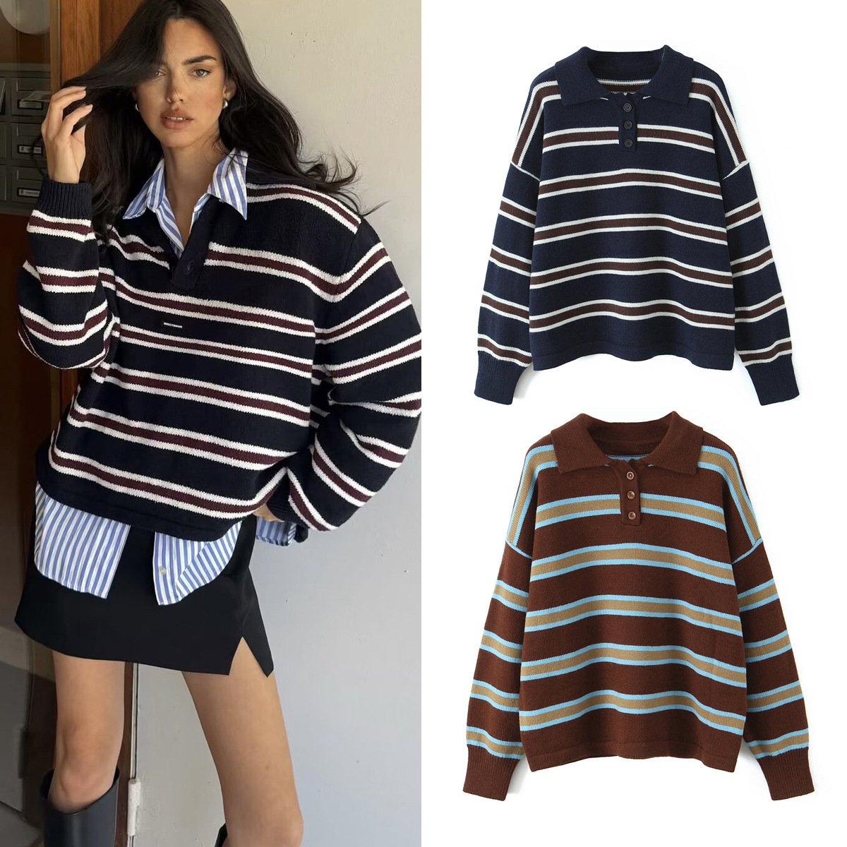 Chic Contrast Stripe Knit Sweater for Women