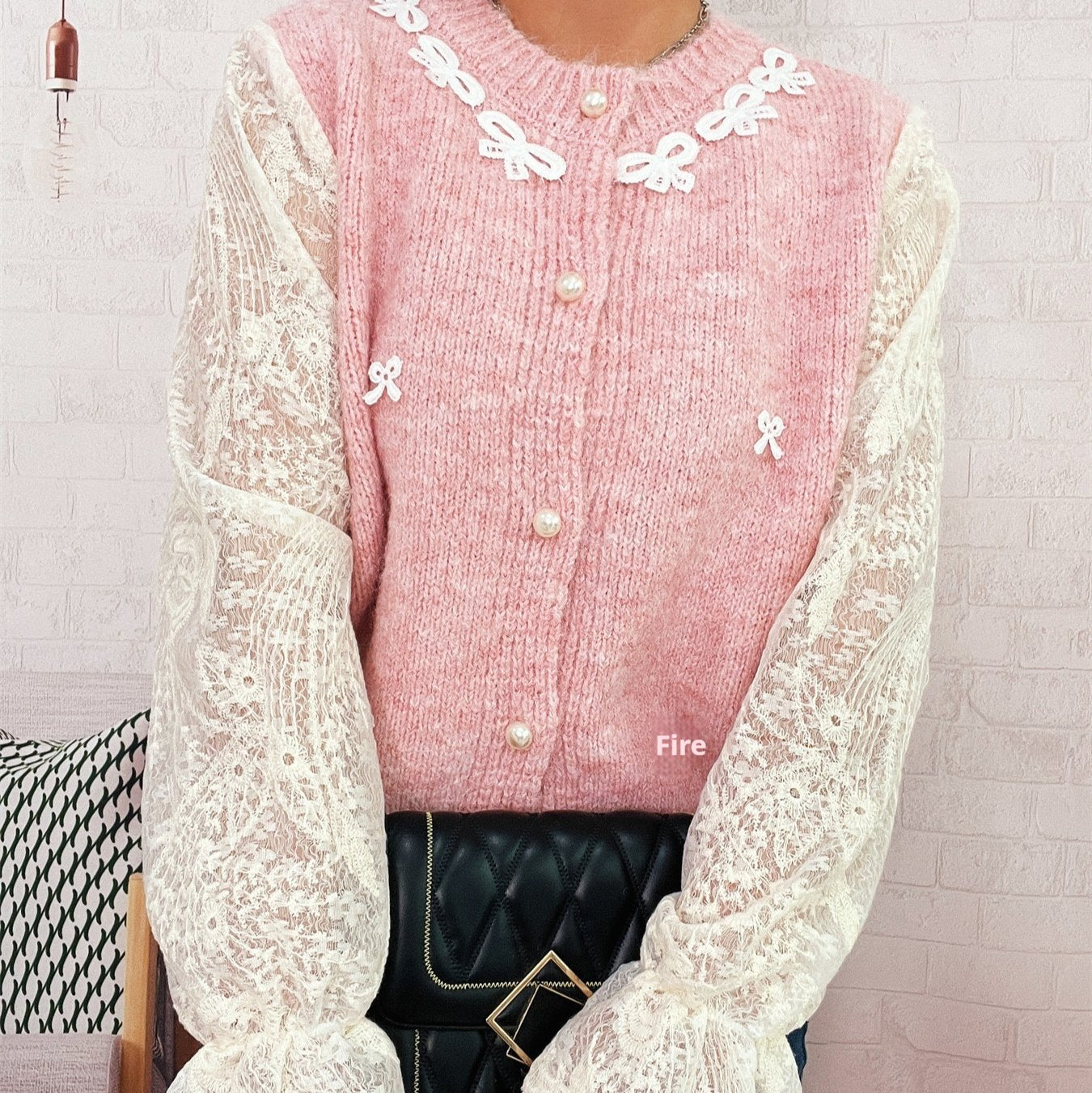 Chic Lace-Trim Bow Knitted Cardigan Sweater