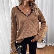 Women's Solid Lace-Edge Long Sleeve Pullover Sweater