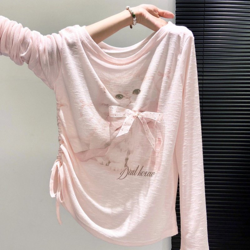 Cute Cat Print Long Sleeve Women's Slim Pullover Top