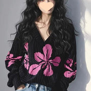 Floral Print Long-Sleeve Black Top