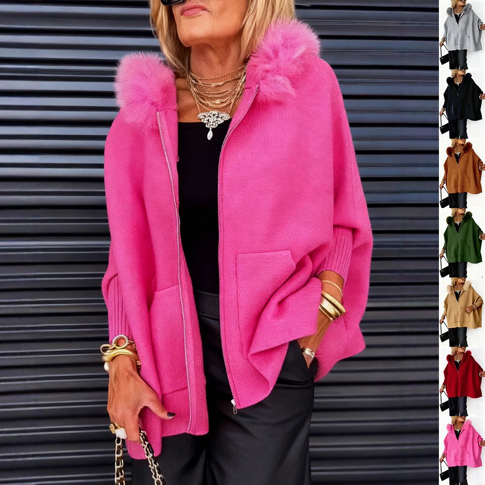 Warm Plush Hooded Cardigan for Women - Zip-up Knit Jacket with Pockets