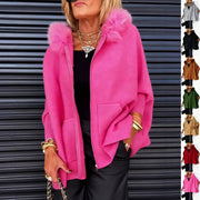 Warm Plush Hooded Cardigan for Women - Zip-up Knit Jacket with Pockets