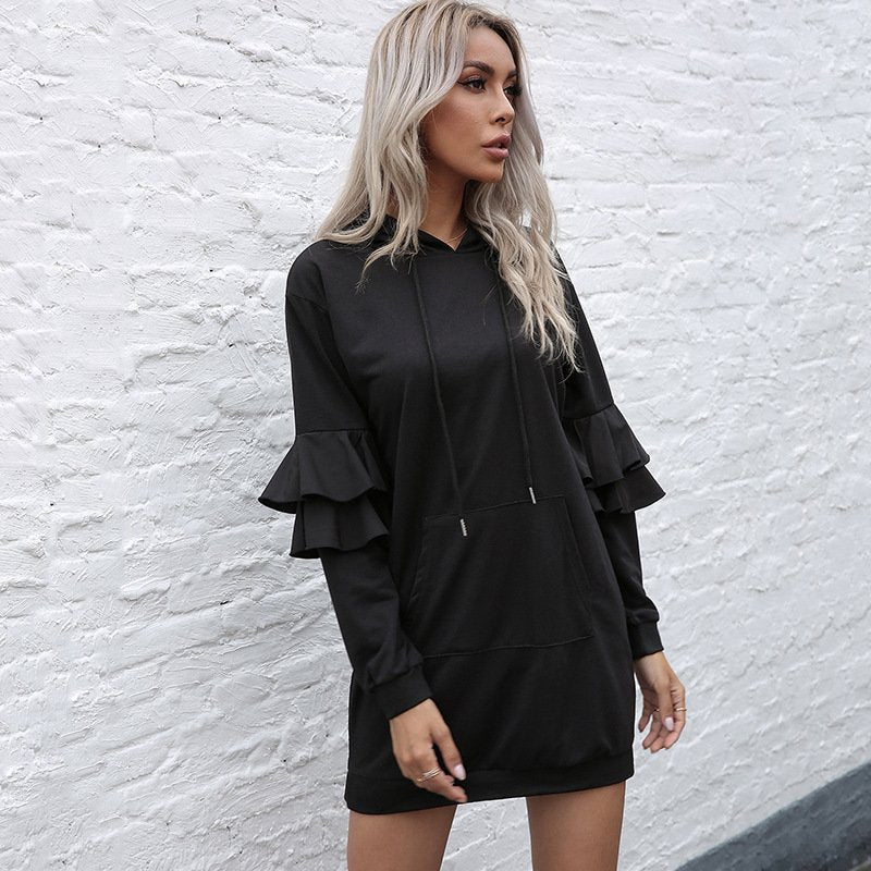 Ruffled Patchwork Pullover Hoodie Skirt for Women