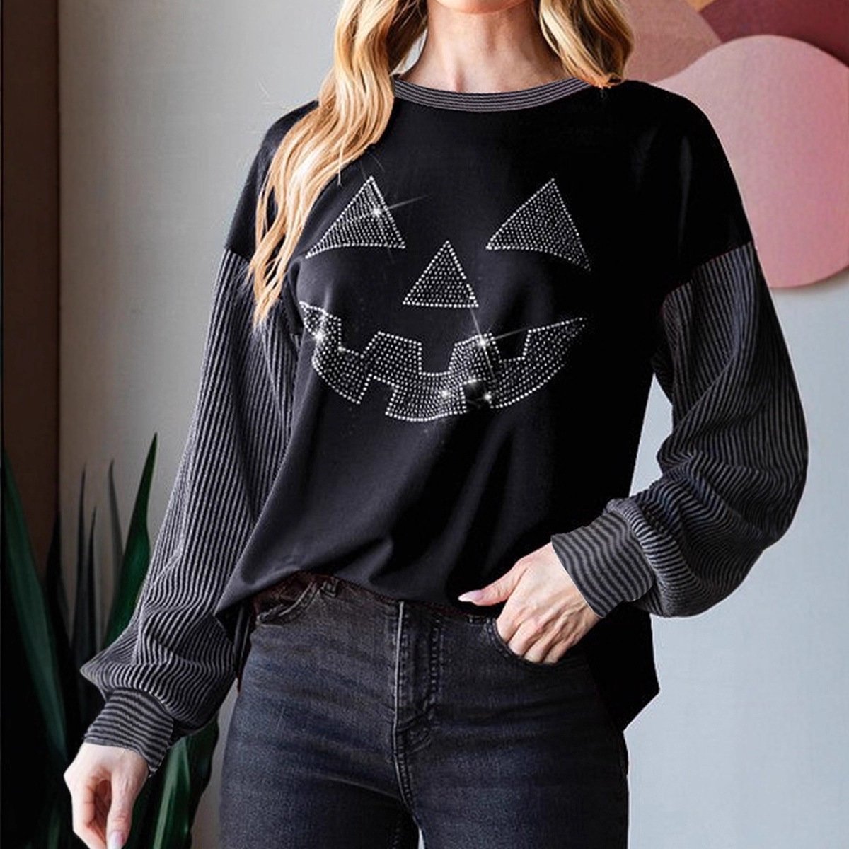Trendy Rhinestone Halloween Sweater for Women