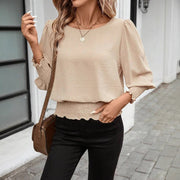 Plus Size Lantern Sleeve Smocked Solid Top