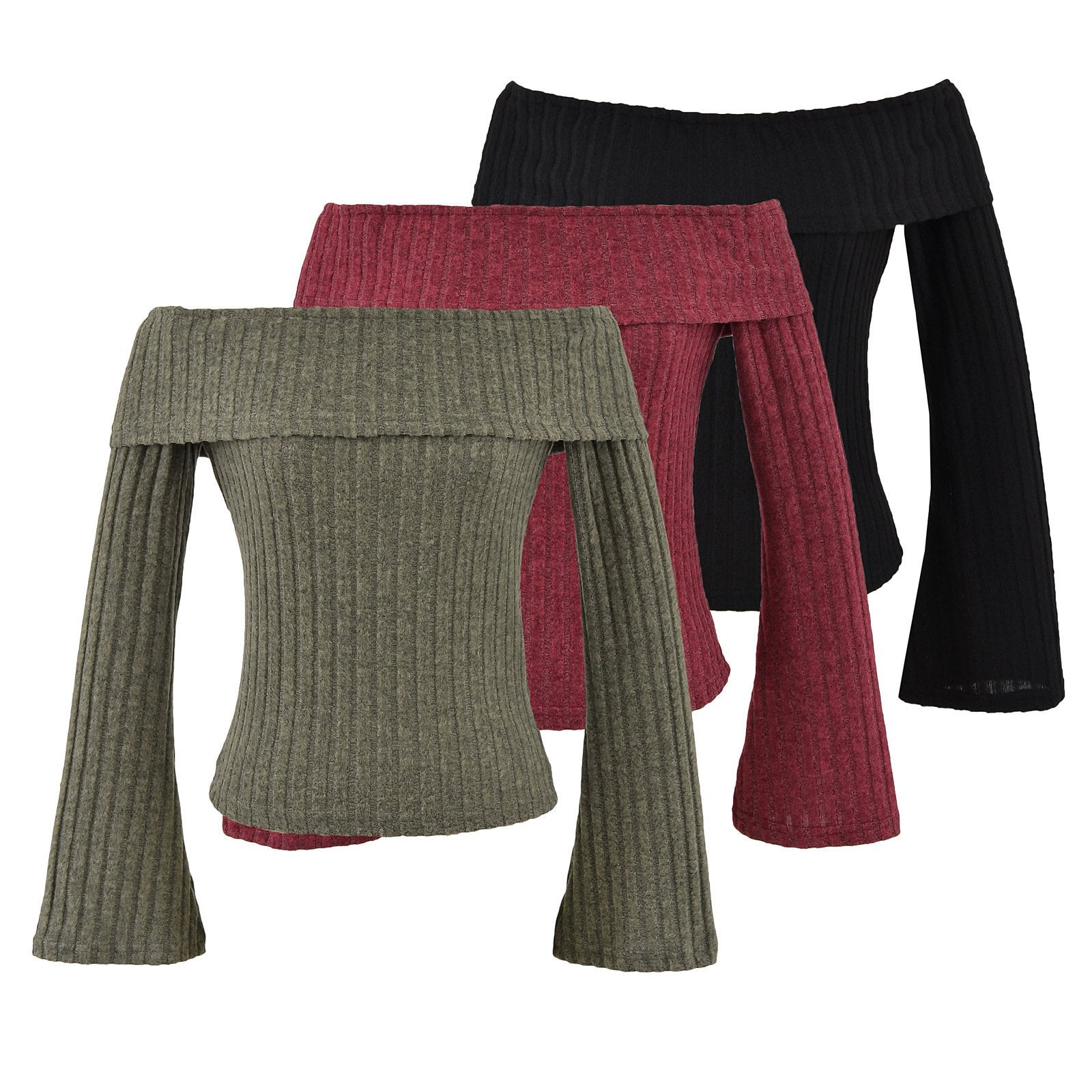 Off-the-Shoulder Slim Bell-Sleeve Pullover T-Shirt